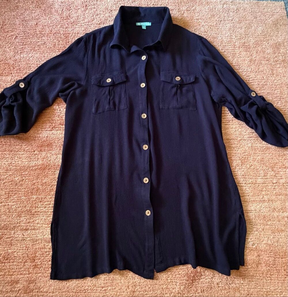 Shore Life Women’s L Navy Blue Rayon Button Front Tunic Shirt Roll Tab Sleeve